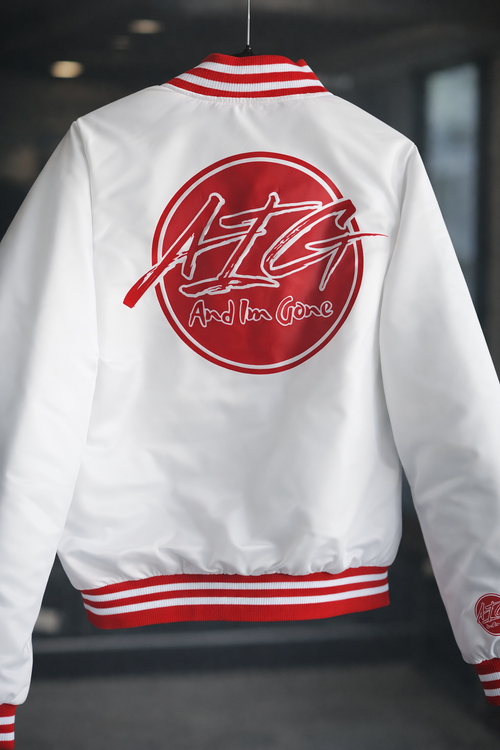 AIG “And I’m Gone™” Varsity Jacket – White/Red Streetwear