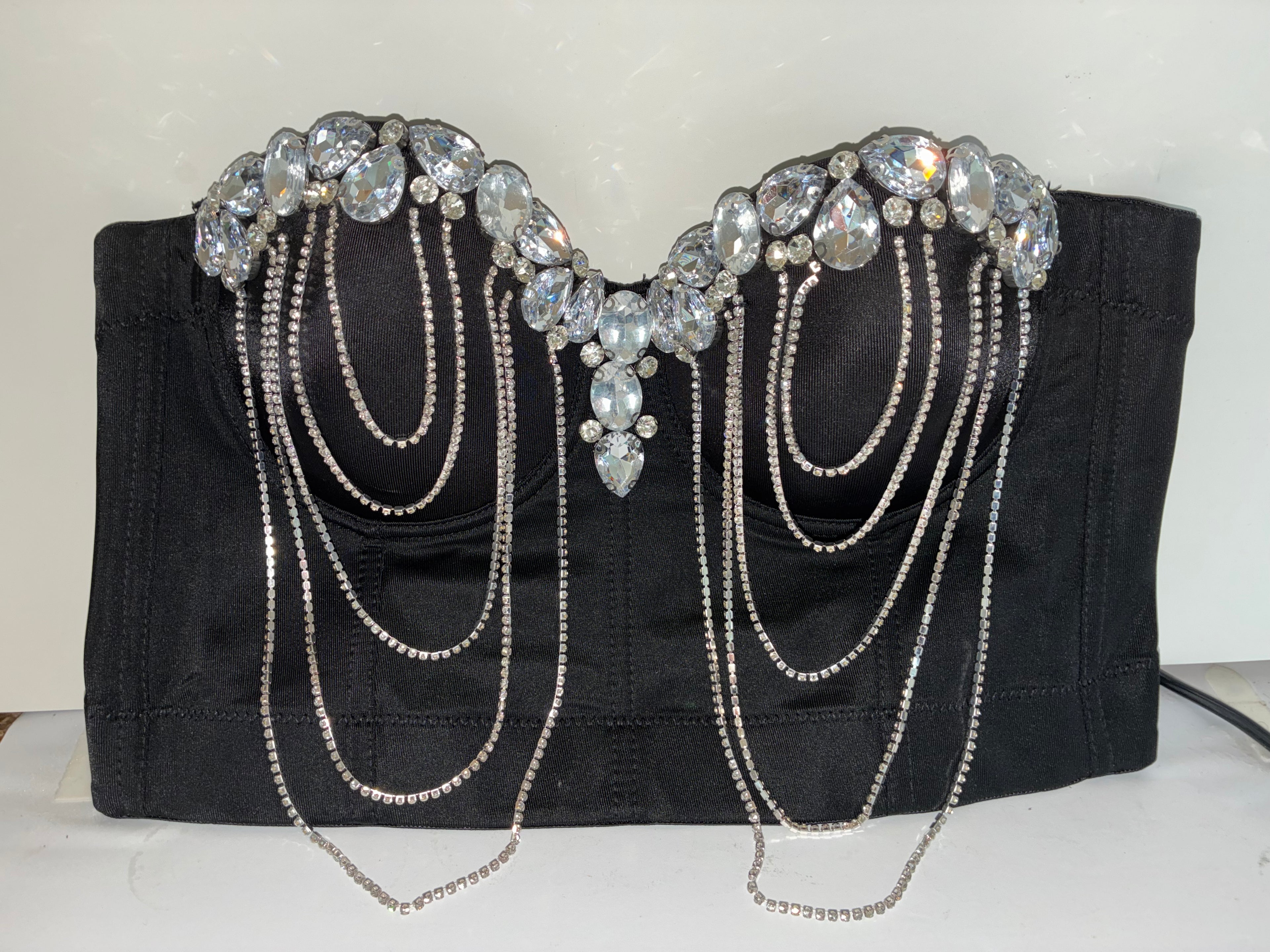 Rhinestone Corset Bustier Top – Glam Crystal Chain Strapless Crop Top (Black)